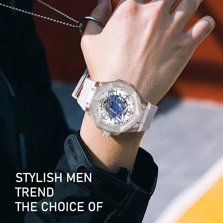 HANBORO Mens Luxury Watches Men Automatic Watch Male Mechanical Wristwatch Luminous Skeleton Dial Austria Crystal Silicone Strap