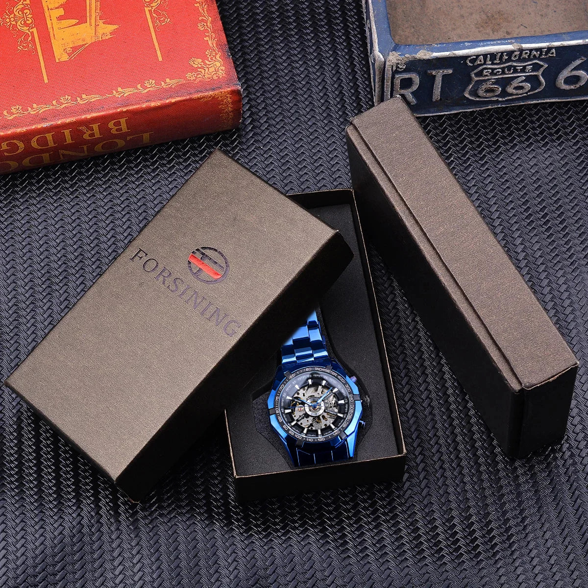 Forsining Mechanical Men's Wristwatch Skeleton Hollow Automatic Watch 3Bar Stainless Steel Men Watches Blue Fashion Reloj Hombre