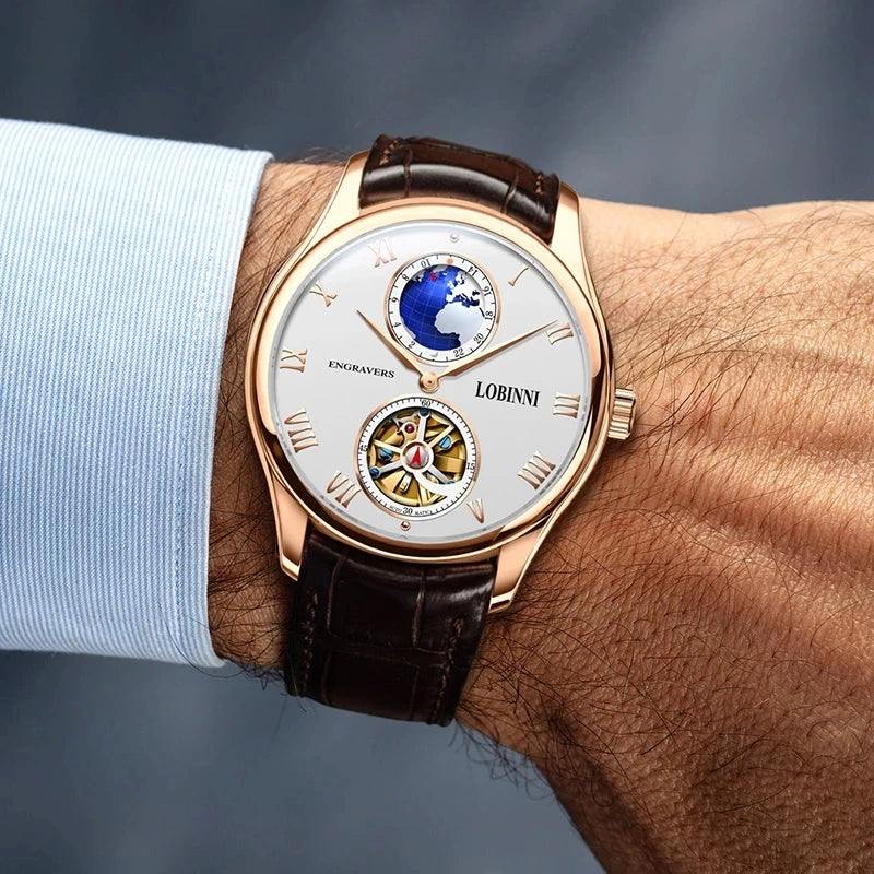 LOBINNI Mens Automatic Watches Male Luxury Watch Waterproof Mechanical Wristwatch Sapphire Mirror Skeleton Dial Leather Strap