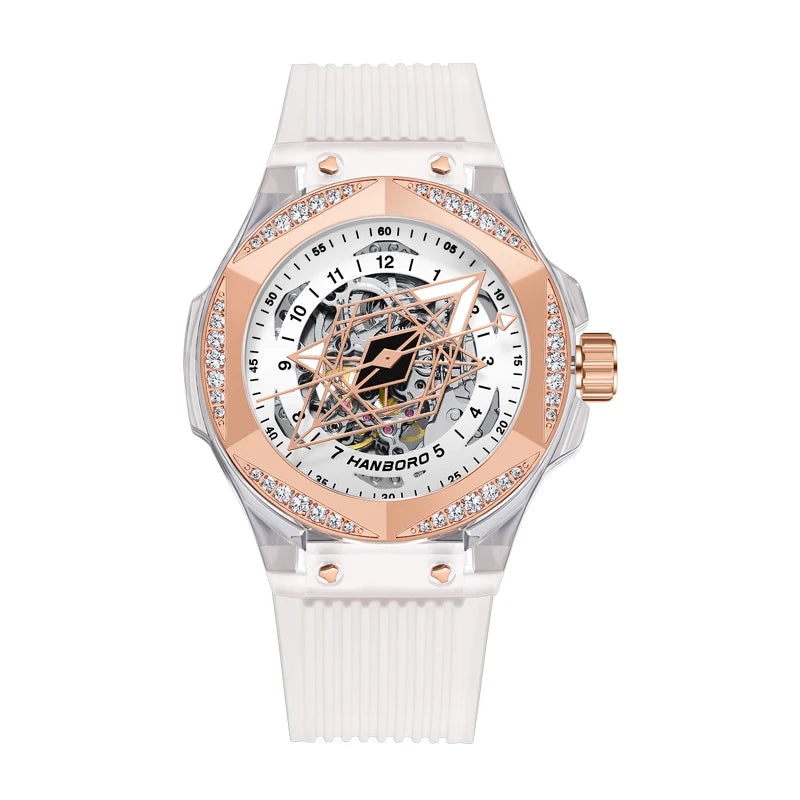 HANBORO Mens Luxury Watches Men Automatic Watch Male Mechanical Wristwatch Luminous Skeleton Dial Austria Crystal Silicone Strap