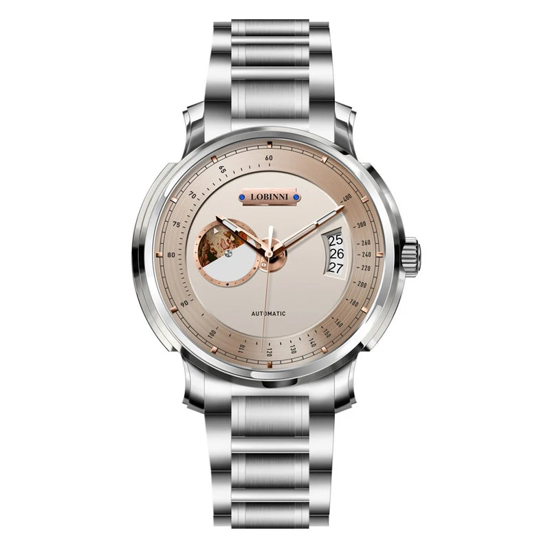 LOBINNI Mens Automatic Watches Luxury Mechanical Wristwatch Waterproof Tachymeter Sapphire Date Relogios Masculino Steel Strap