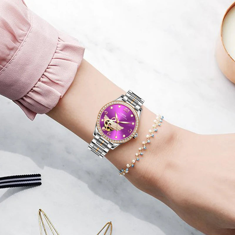 LOBINNI Women Automatic Watch Luxury Ladies Mechanical Wristwatch Waterproof Sapphire Skeleton Dial Female Clock Austria Crystal