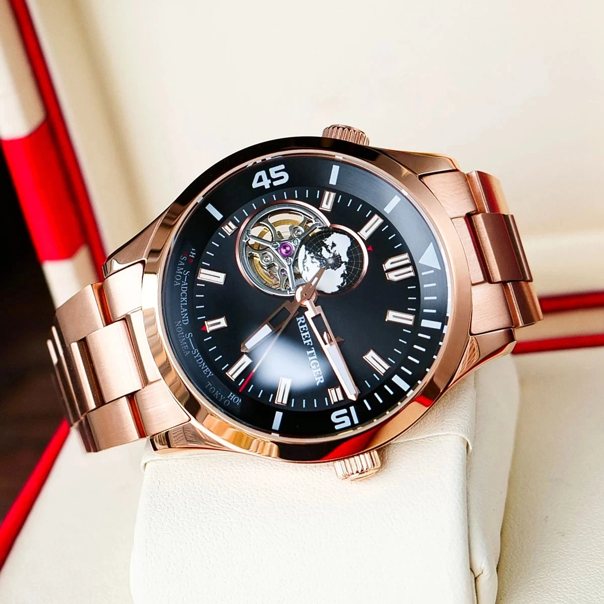 Reef Tiger Mens Automatic Watches Luxury Men Mechanical Wristwatch Skeleton Waterproof Luminous Steel Strap World Time RGA1693-2