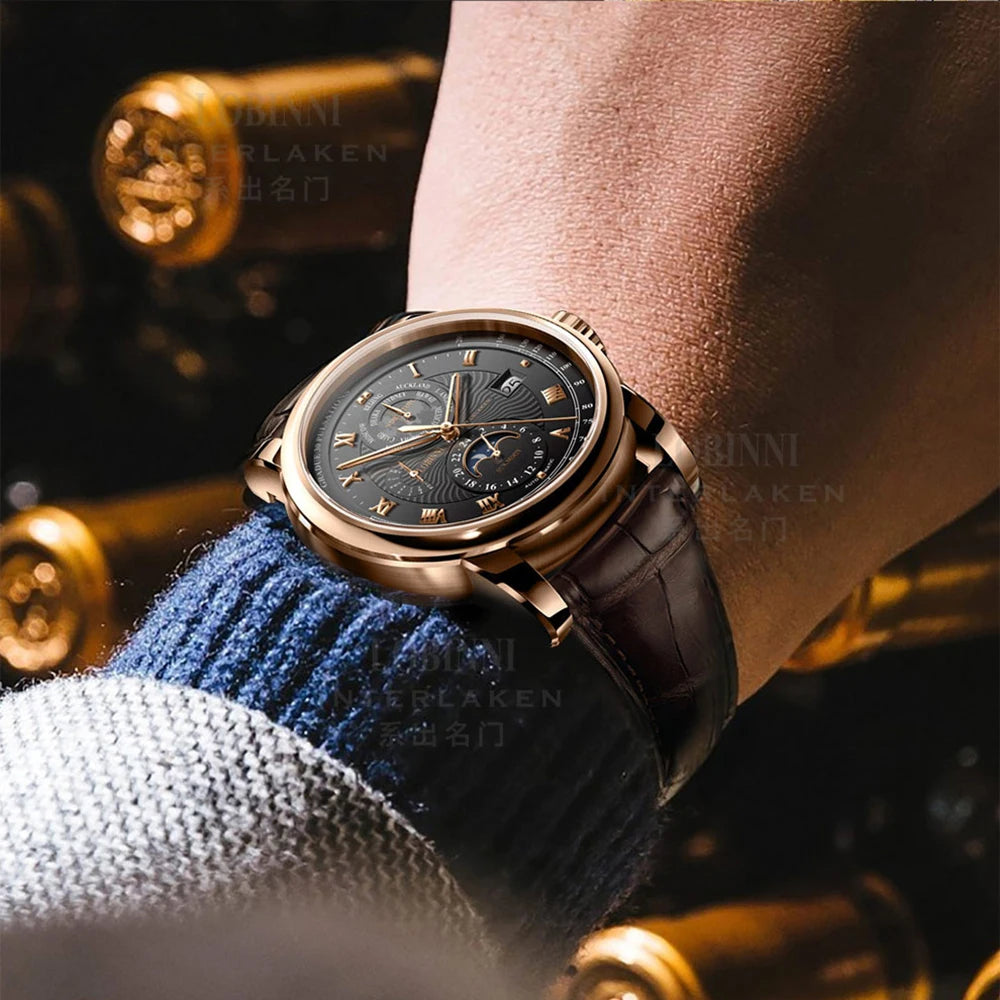 LOBINNI Mens Automatic Watches Top Luxury Brand Watch Waterproof Mechanical Wristwatch Sapphire Leather Strap Date World Time