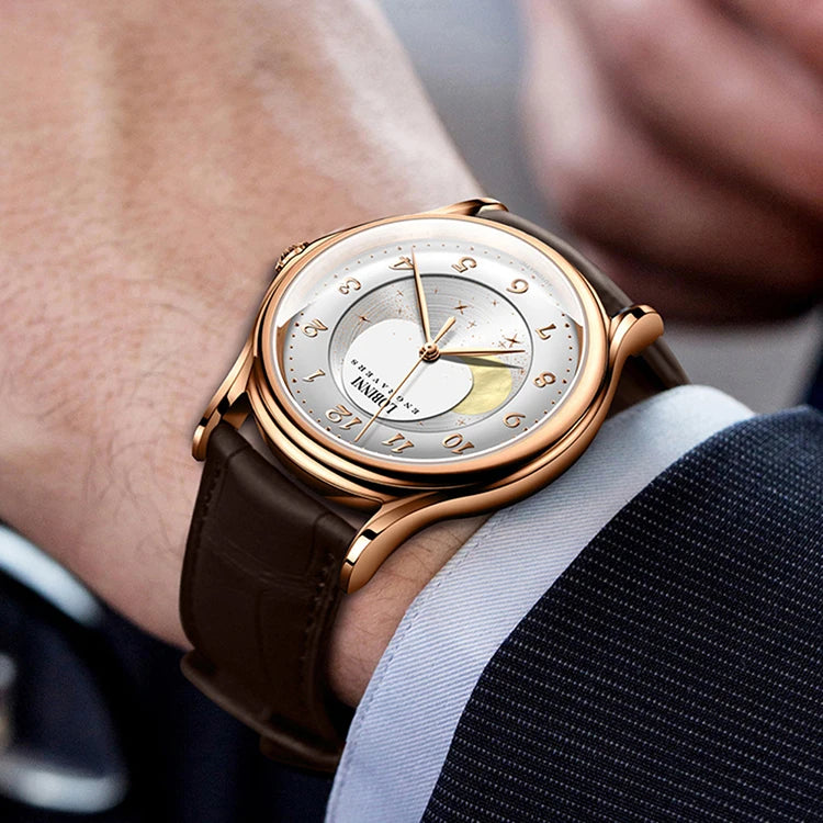LOBINNI Mens Automatic Watches Men Moon Phase Watch Top Luxury Brand Mechanical Wristwatch Waterproof Sapphire Leather Strap