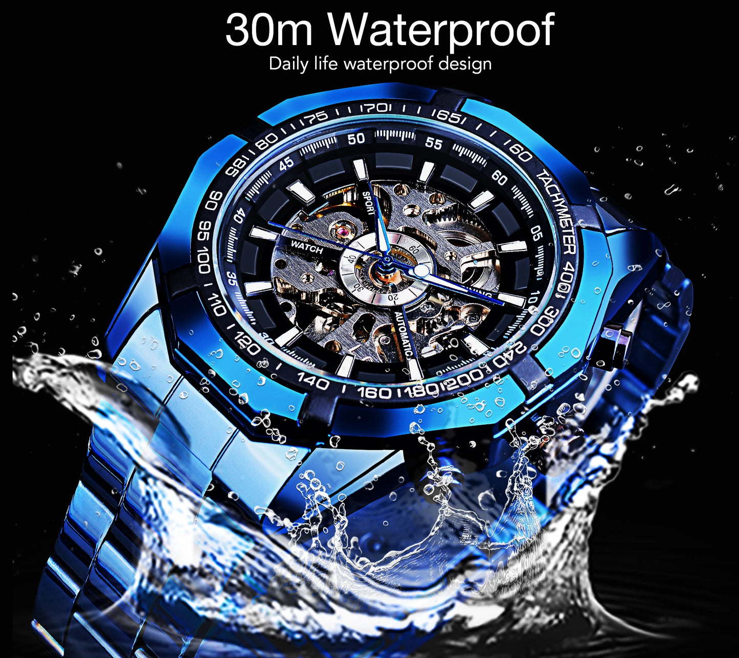 Forsining Mechanical Men's Wristwatch Skeleton Hollow Automatic Watch 3Bar Stainless Steel Men Watches Blue Fashion Reloj Hombre