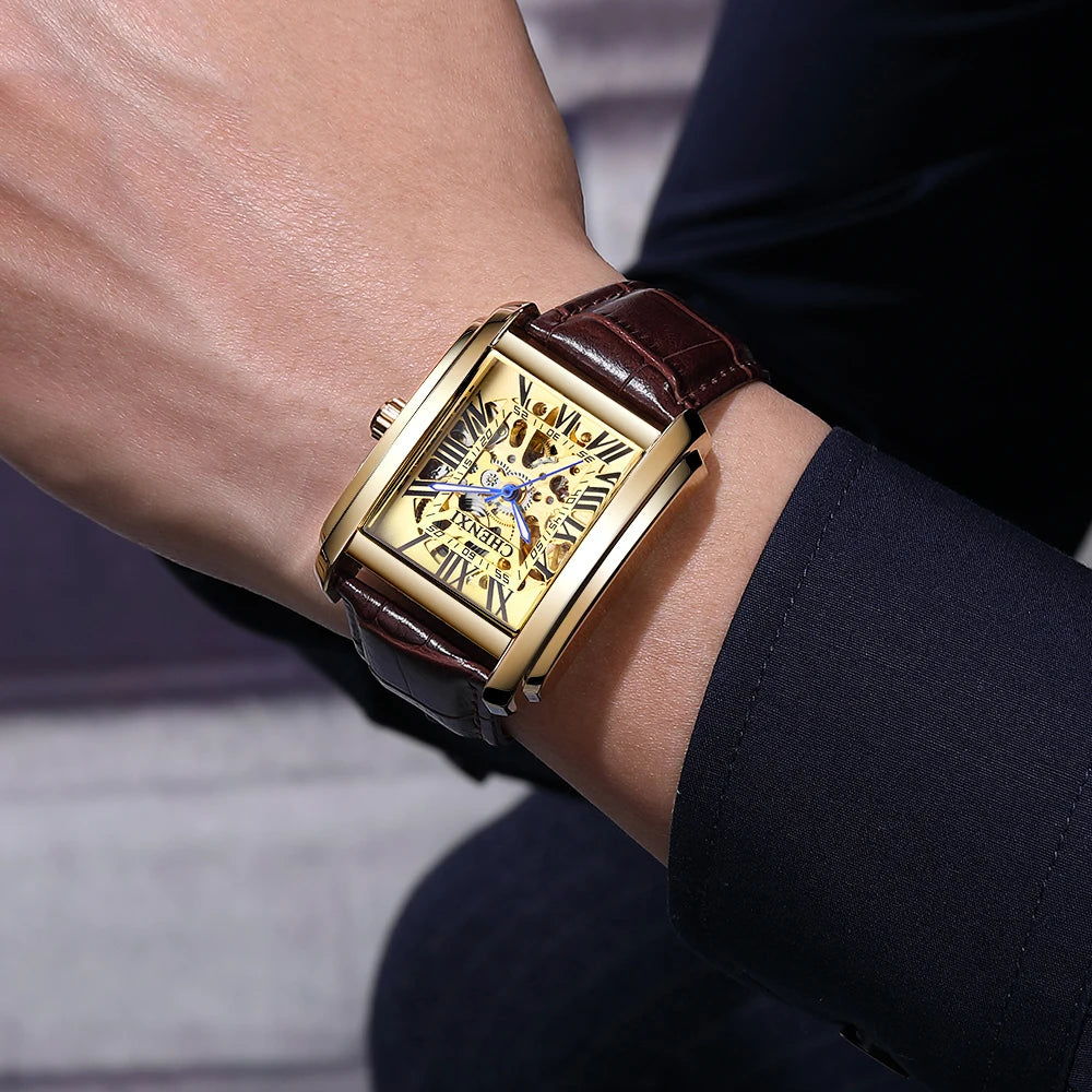 CHENXI Luxury Gold Automatic Watch Men Business Waterproof Skeleton Tourbillon Mechanical Wristwatch Top Brand Relogio Masculino