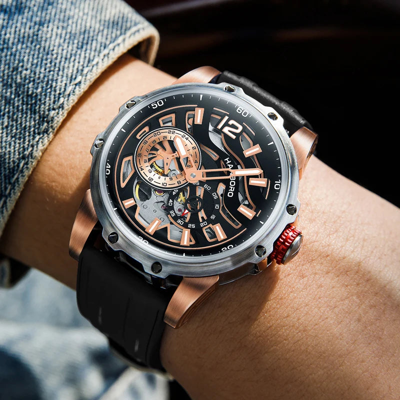 HANBORO Men Watch Luxury Mens Automatic Watches 50m Waterproof Luminous Mechanical Wristwatch Hollow Out Dial Rubber Strap