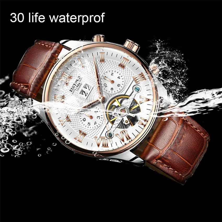 KINYUED Mens luxury original Brand watches Men Skeleton Tourbillon Mechanical Automatic analog watch for Man Waterproof bracelet