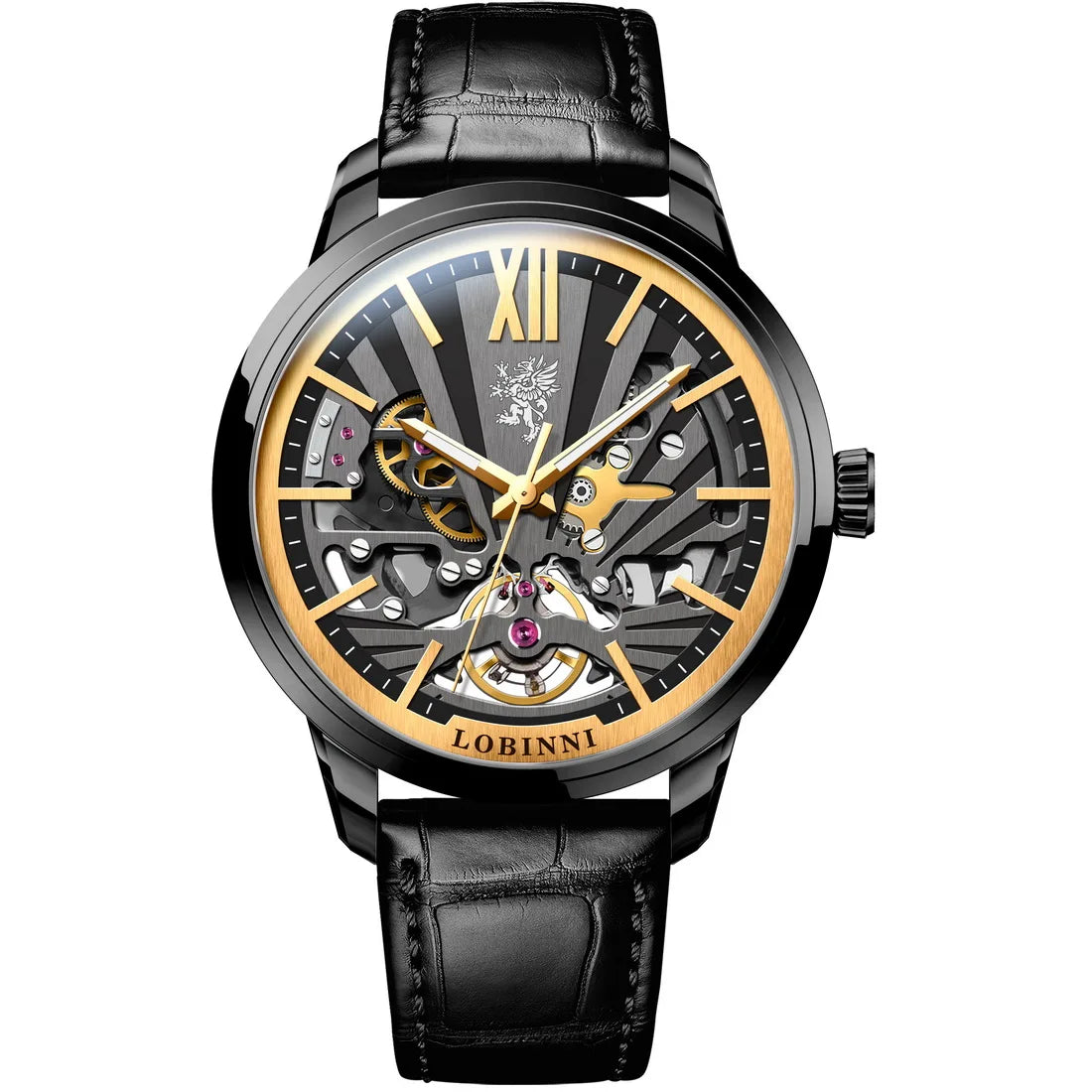 LOBINNI Men Automatic Watch Luxury Male Mechanical Wristwatch Fashion Waterproof Black Dual Side Skeleton Dial Sapphire Mirror