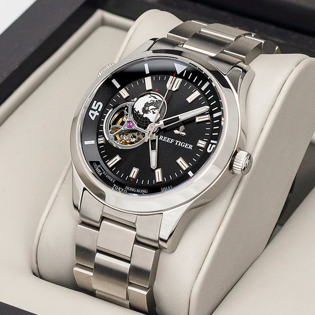 Reef Tiger Mens Automatic Watches Luxury Men Mechanical Wristwatch Skeleton Waterproof Luminous Steel Strap World Time RGA1693-2