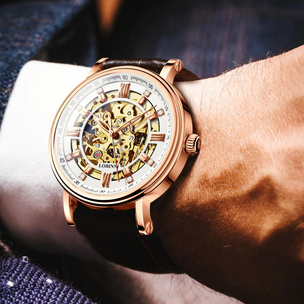 men automatic watch,mens wrist watches Switzerland LOBINNI luxury skeleton self wind mechanical wristwatch waterproof timepiece