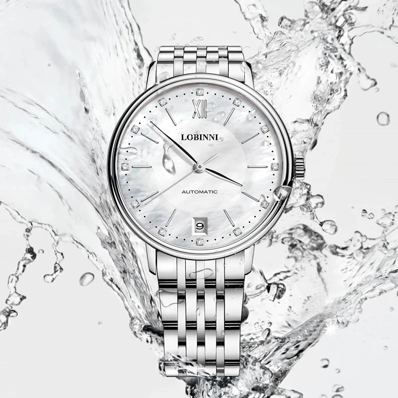 LOBINNI Women Automatic Watch Luxury Ladies Mechanical Wristwatch Waterproof Sapphire Female Clock Austria Crystal Pearl Dial