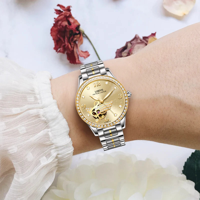 LOBINNI Women Automatic Watch Luxury Ladies Mechanical Wristwatch Waterproof Sapphire Skeleton Dial Female Clock Austria Crystal