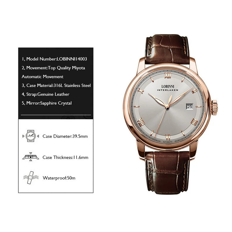 LOBINNI luxury brand men watches,mens automatic watch Switzerland man mechanical wristwatch waterproof clock leather strap reloj