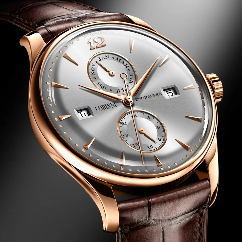 LOBINNI Automatic Watch For Men Top Luxury Brand Mens Mechanical Wristwatches Sapphire Crystal Leather Strap Week Month Date