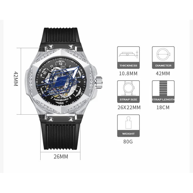 HANBORO Mens Luxury Watches Men Automatic Watch Male Mechanical Wristwatch Luminous Skeleton Dial Austria Crystal Silicone Strap