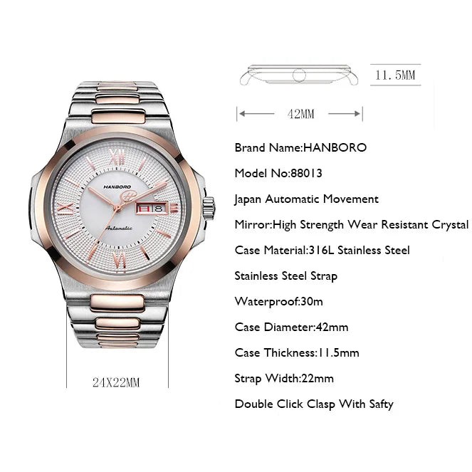 HANBORO Men Watch Top Luxury Brand Mens Automatic Watches Business Mechanical Wristwatches Waterproof Steel Strap Week Date