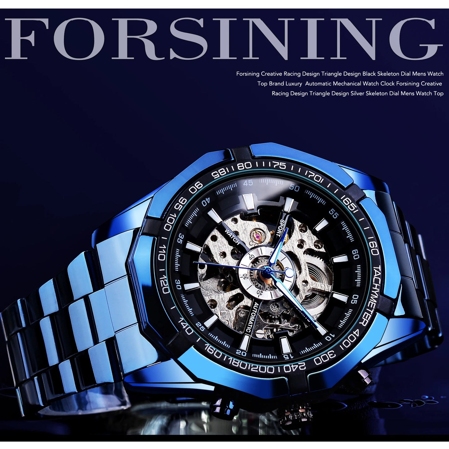 Forsining Mechanical Men's Wristwatch Skeleton Hollow Automatic Watch 3Bar Stainless Steel Men Watches Blue Fashion Reloj Hombre