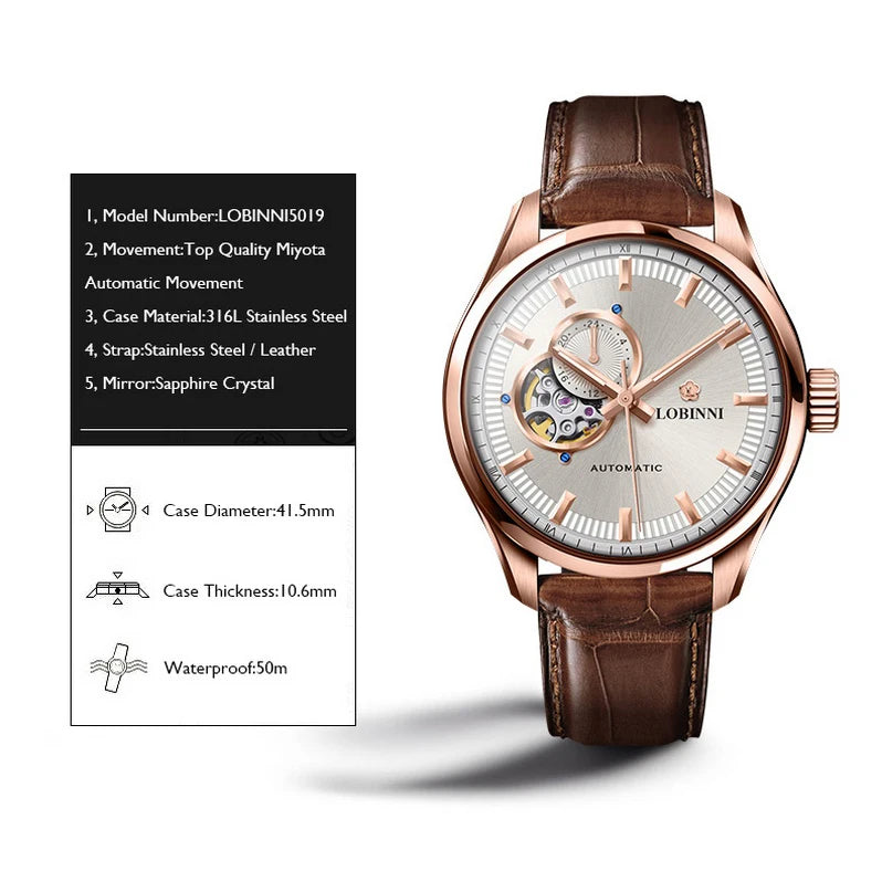 LOBINNI Men Automatic Watch Luxury Male Watches Business Mechanical Wristwatch Fashion Sapphire Crystal Skeleton Dial 24 Hours