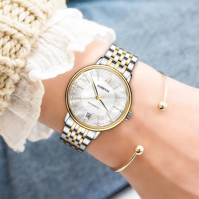 LOBINNI Women Automatic Watch Luxury Ladies Mechanical Wristwatch Waterproof Sapphire Female Clock Austria Crystal Pearl Dial