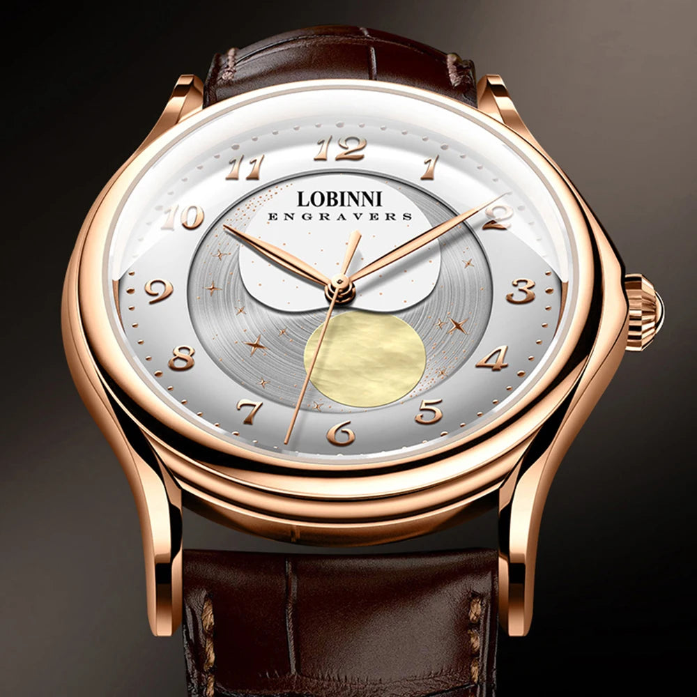 LOBINNI Mens Automatic Watches Men Moon Phase Watch Top Luxury Brand Mechanical Wristwatch Waterproof Sapphire Leather Strap