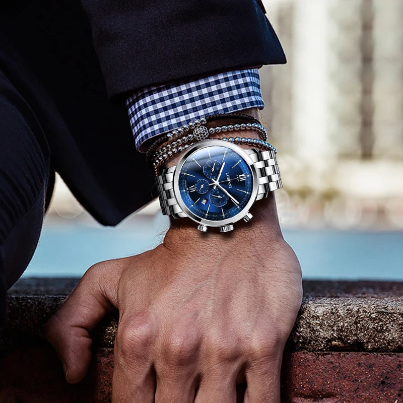 LOBINNI Men Chronograph Watch Luxury Mens Quartz Wristwatch Waterproof Clock Sapphire Dress Steel Strap Relogios Masculino