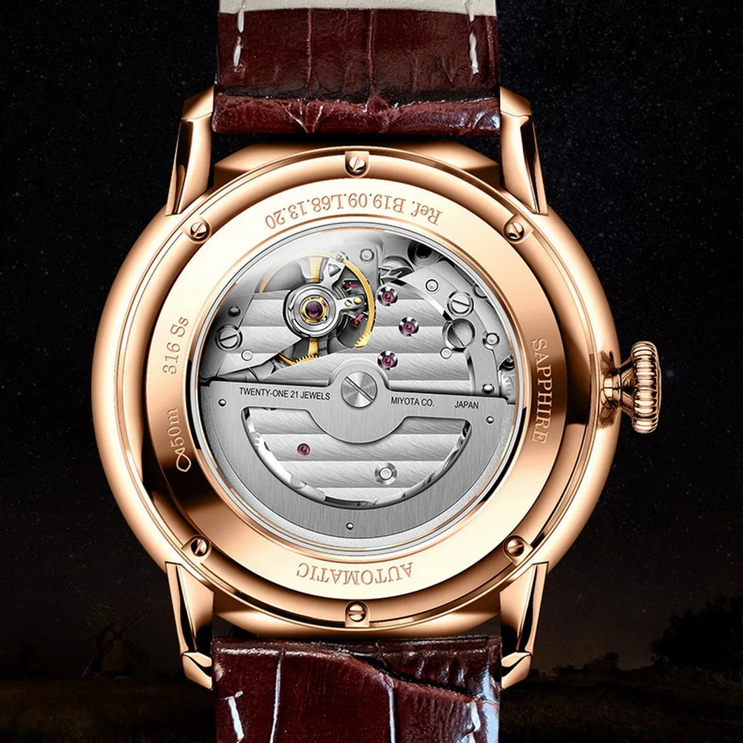 LOBINNI Men Automatic Watch Luxury Male Watches Dress Mechanical Wristwatch Business Sapphire Crystal Leather Strap Week Date
