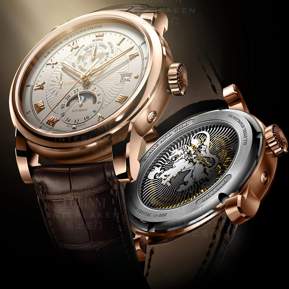 LOBINNI Mens Automatic Watches Top Luxury Brand Watch Waterproof Mechanical Wristwatch Sapphire Leather Strap Date World Time
