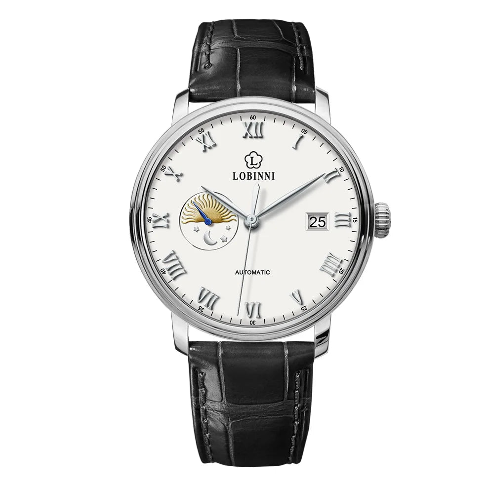 LOBINNI Mens Automatic Watches Luxury Male Watch Waterproof Mechanical Wristwatch Sapphire Date Leather Strap Sun-Moon Dial