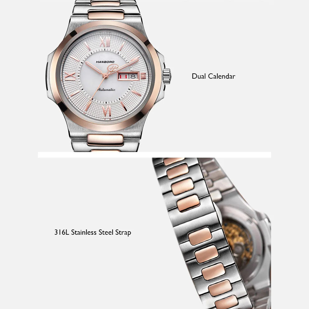 HANBORO Men Watch Top Luxury Brand Mens Automatic Watches Business Mechanical Wristwatches Waterproof Steel Strap Week Date
