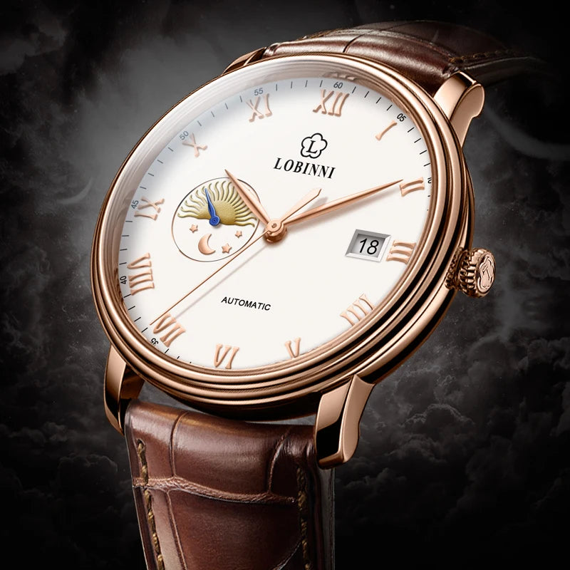 LOBINNI Mens Automatic Watches Luxury Male Watch Waterproof Mechanical Wristwatch Sapphire Date Leather Strap Sun-Moon Dial