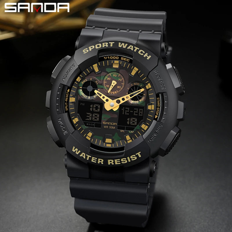 Fashion Sanda Top Brand Dual Display Quartz Watch Men's Luxury Sports Led Luminous Waterproof S Shockproof Automatic Date Reloj