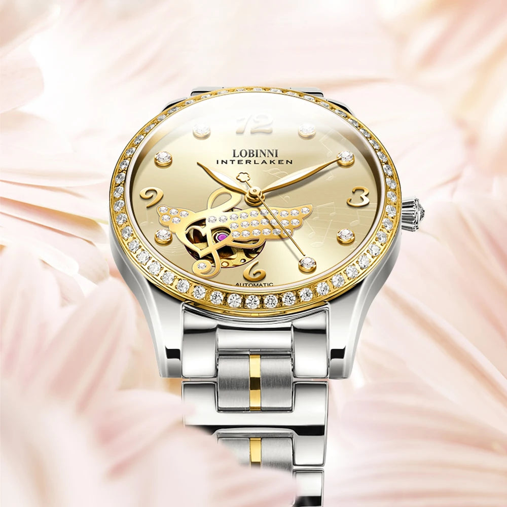 LOBINNI Women Automatic Watch Luxury Ladies Mechanical Wristwatch Waterproof Sapphire Skeleton Dial Female Clock Austria Crystal