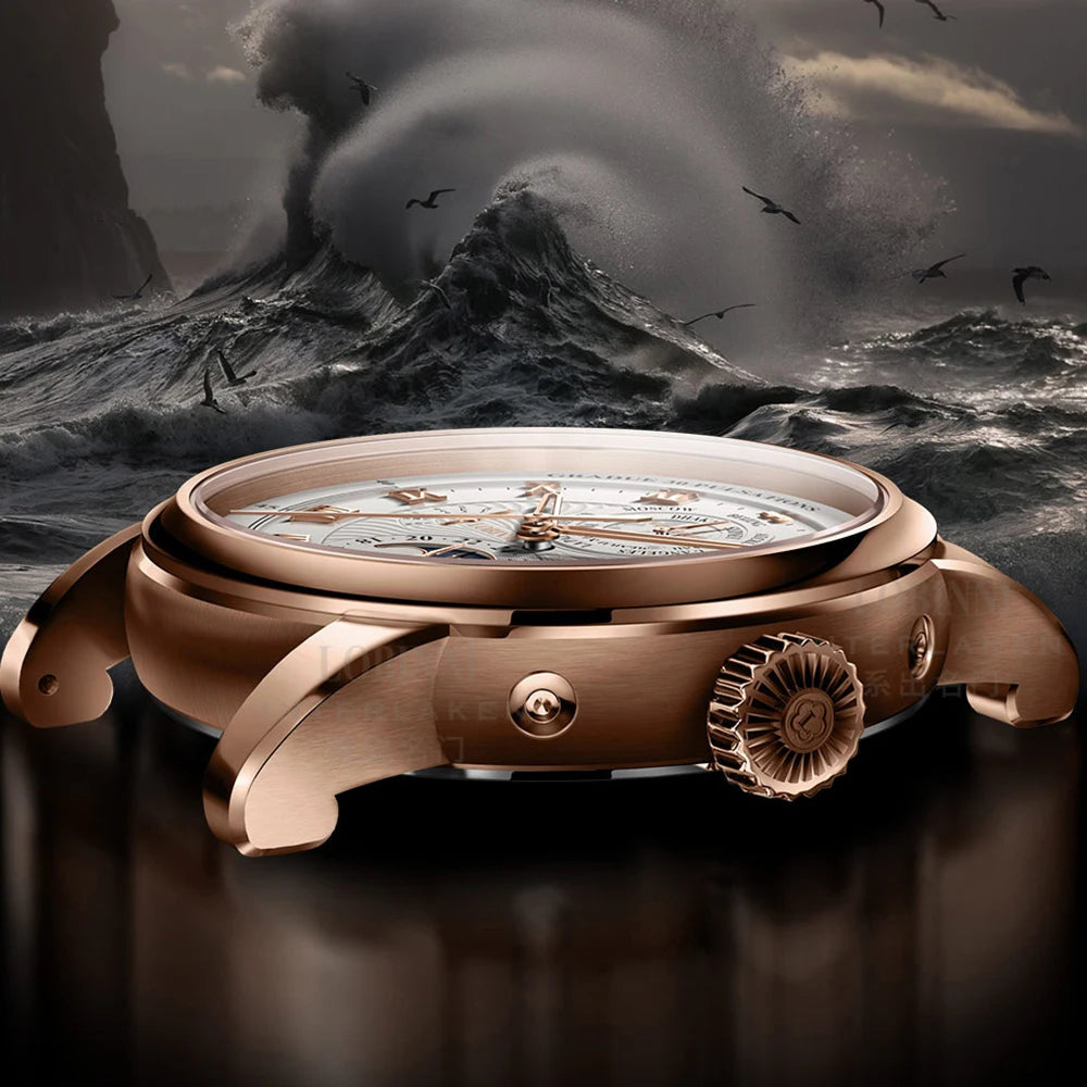LOBINNI Mens Automatic Watches Top Luxury Brand Watch Waterproof Mechanical Wristwatch Sapphire Leather Strap Date World Time