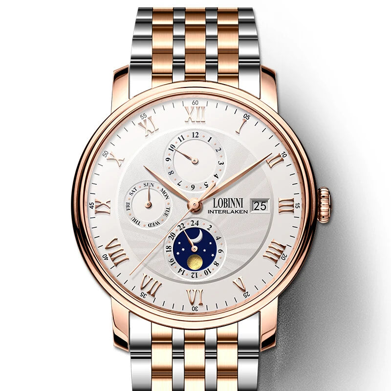 Switzerland LOBINNI Men‘s Watches Luxury Brand Seagull Automatic Mechanical Waterproof Multi-function Moon Phase Clocks L1023-8