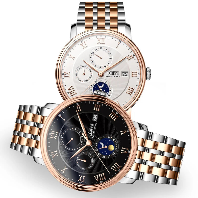Switzerland LOBINNI Men‘s Watches Luxury Brand Seagull Automatic Mechanical Waterproof Multi-function Moon Phase Clocks L1023-8