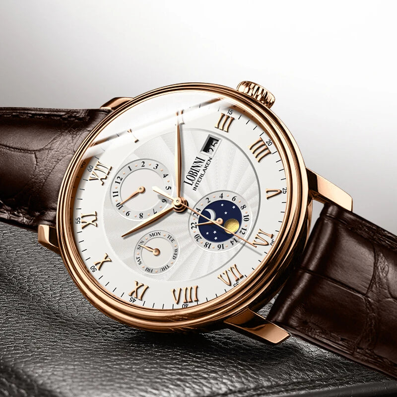Switzerland LOBINNI Men‘s Watches Luxury Brand Seagull Automatic Mechanical Waterproof Multi-function Moon Phase Clocks L1023-8