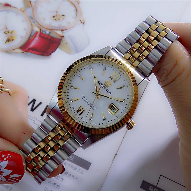 Reginald Brand Men Dress Style Business Watch Steel Wristband Golden Men Quartz Watch Valentine's Day Present For Man Woman Love
