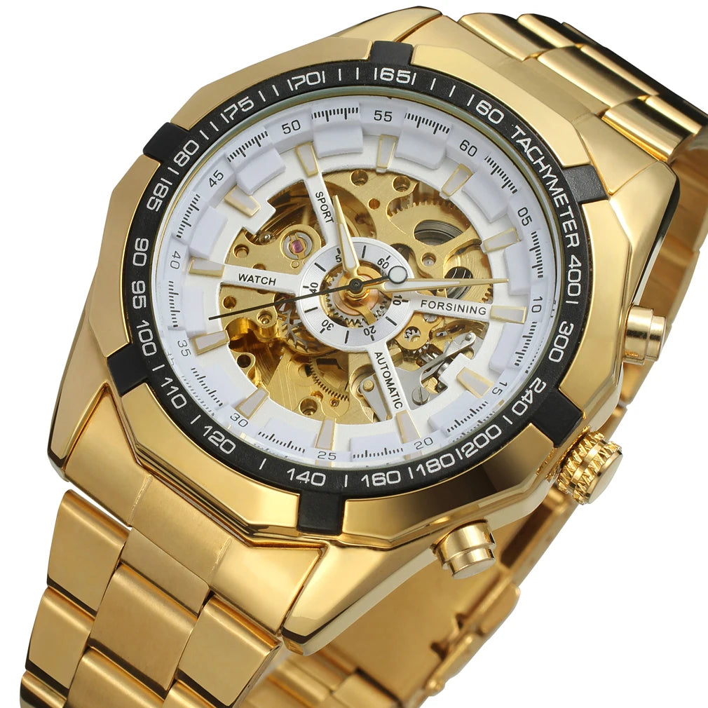 Forsining Top Brand Silver Stainless Steel & Leather Waterproof Mens Skeleton Luxury Transparent Mechanical Male Wrist Watches