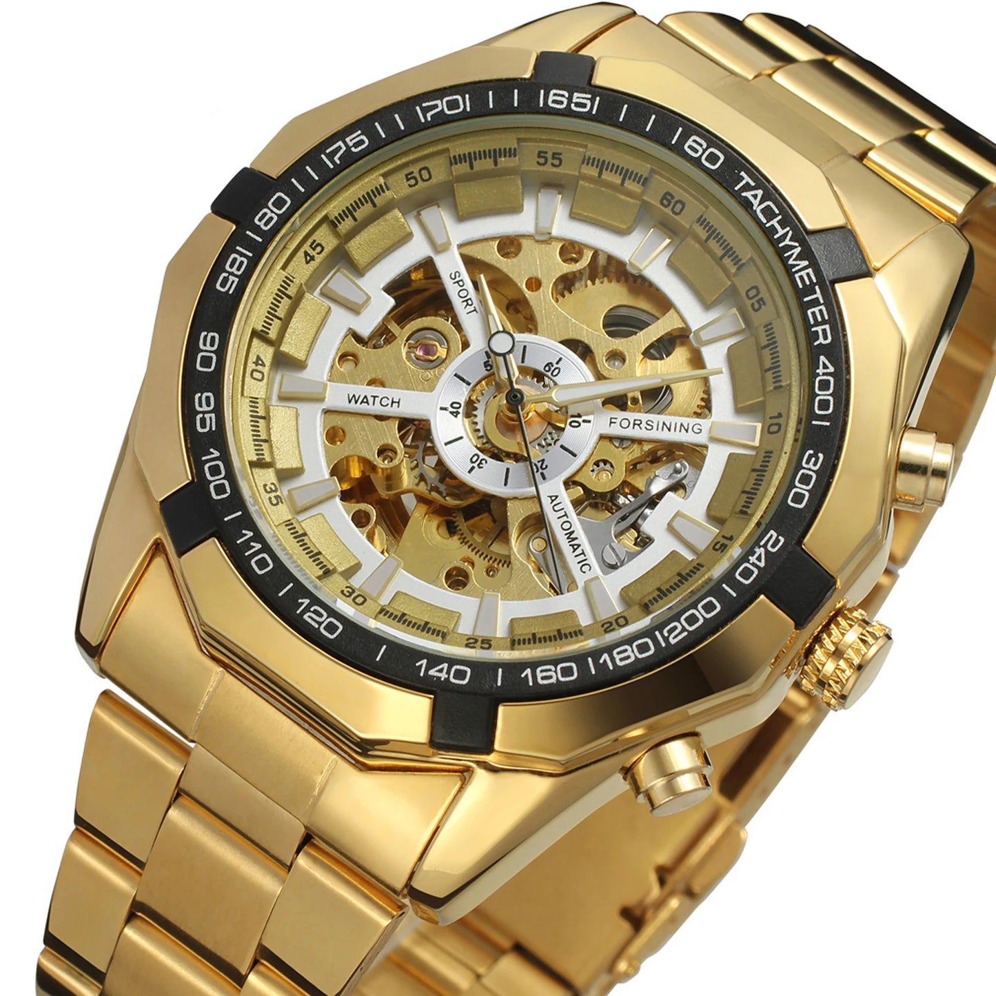 Forsining Top Brand Silver Stainless Steel & Leather Waterproof Mens Skeleton Luxury Transparent Mechanical Male Wrist Watches
