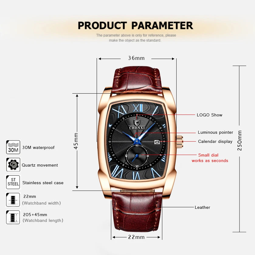 CHENGXI Fashion Men's Wristwatches Top Luxury Brand Men Analog Quartz Watch Man Business Waterproof Calendar Leather Male Clock