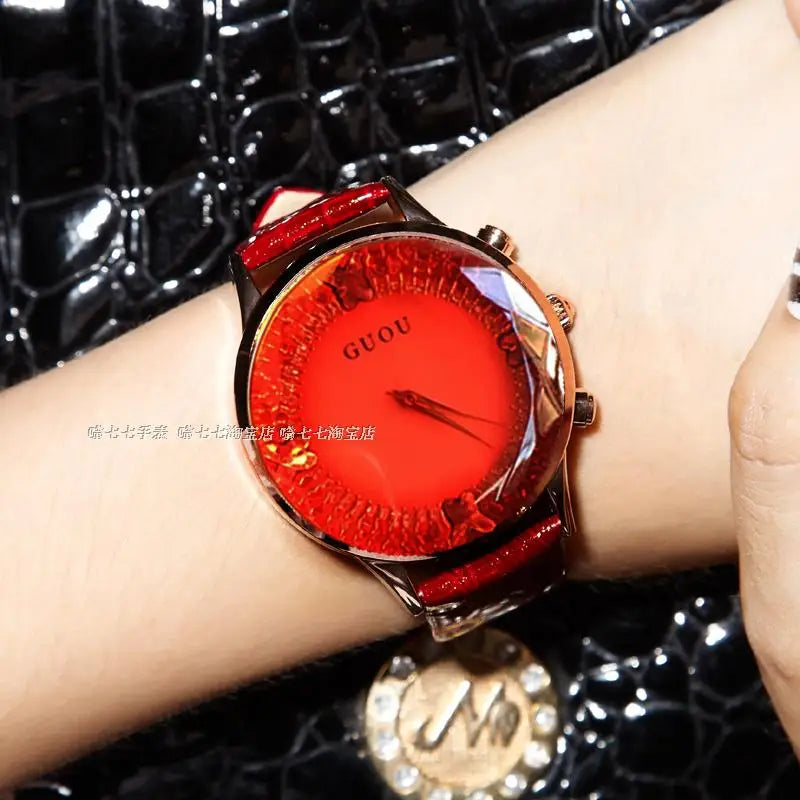 HK GUOU Brand Quartz Lady Watch Rhinestone Waterproof Women's Watch Genuine Leather Upscale Large Dial Luxury Gift Wristwatches