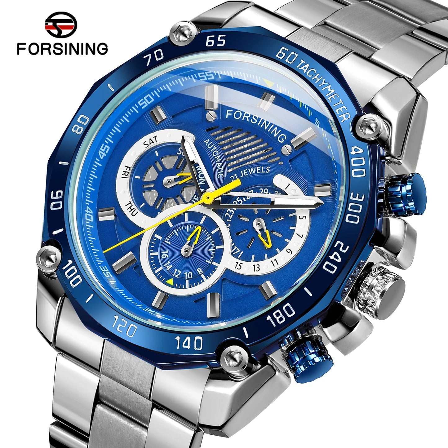 Forsining Top Brand Watch Combination Blue Calendar 3 Dials Full Silver Stainless Steel Automatic Mechanical Watches Men's Clock