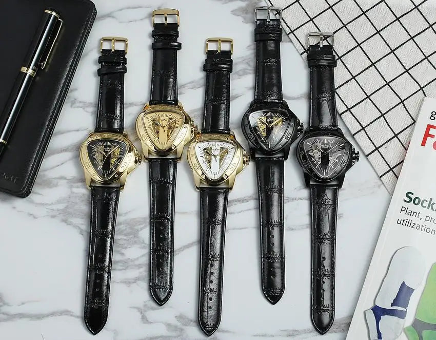 WINNER Automatic Mechanical Men Watch Racing Sports Design Triangle Skeleton Wristwatch Top Brand Luxury Golden Black Leather