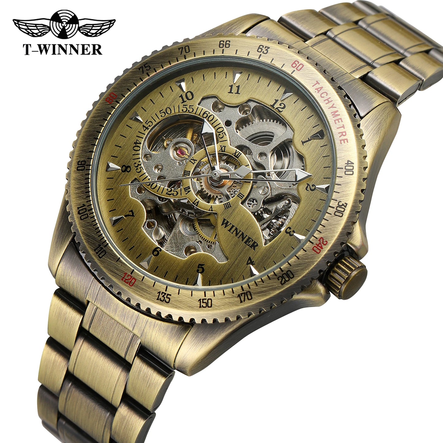 Winner Top Brand Retro Classic Scale Golden Copper Small Dial Design Full Steel Relogio Masculino Mens Automatic Wrist Watches