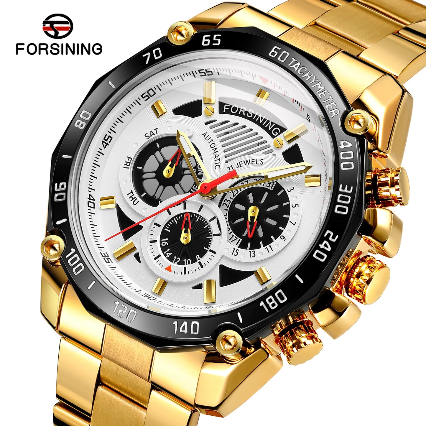 Forsining Top Brand Watch Combination Blue Calendar 3 Dials Full Silver Stainless Steel Automatic Mechanical Watches Men's Clock