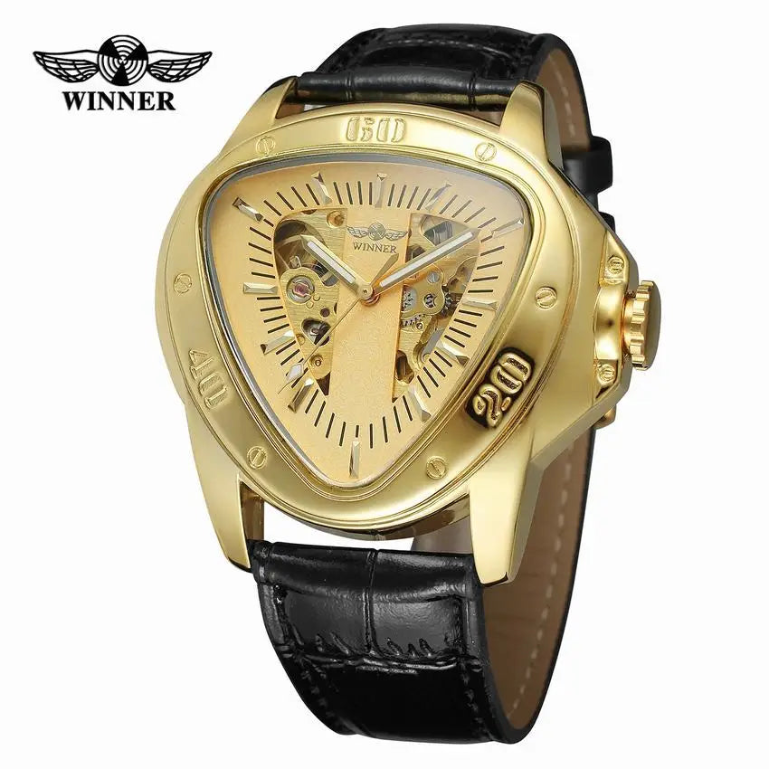 WINNER Automatic Mechanical Men Watch Racing Sports Design Triangle Skeleton Wristwatch Top Brand Luxury Golden Black Leather