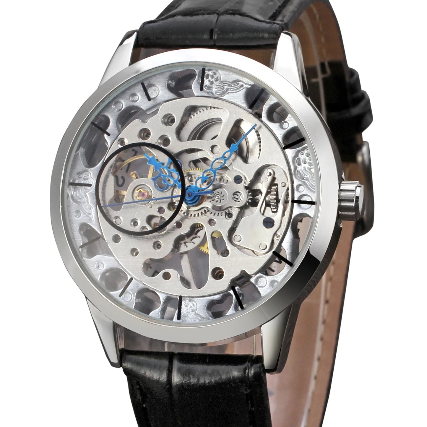 2019 Winner Men's Top Brnad Fashion Hand-wind Mechanical Skeleton Leather Casual Round Wristwatch Color Black Luxury Gold Clock
