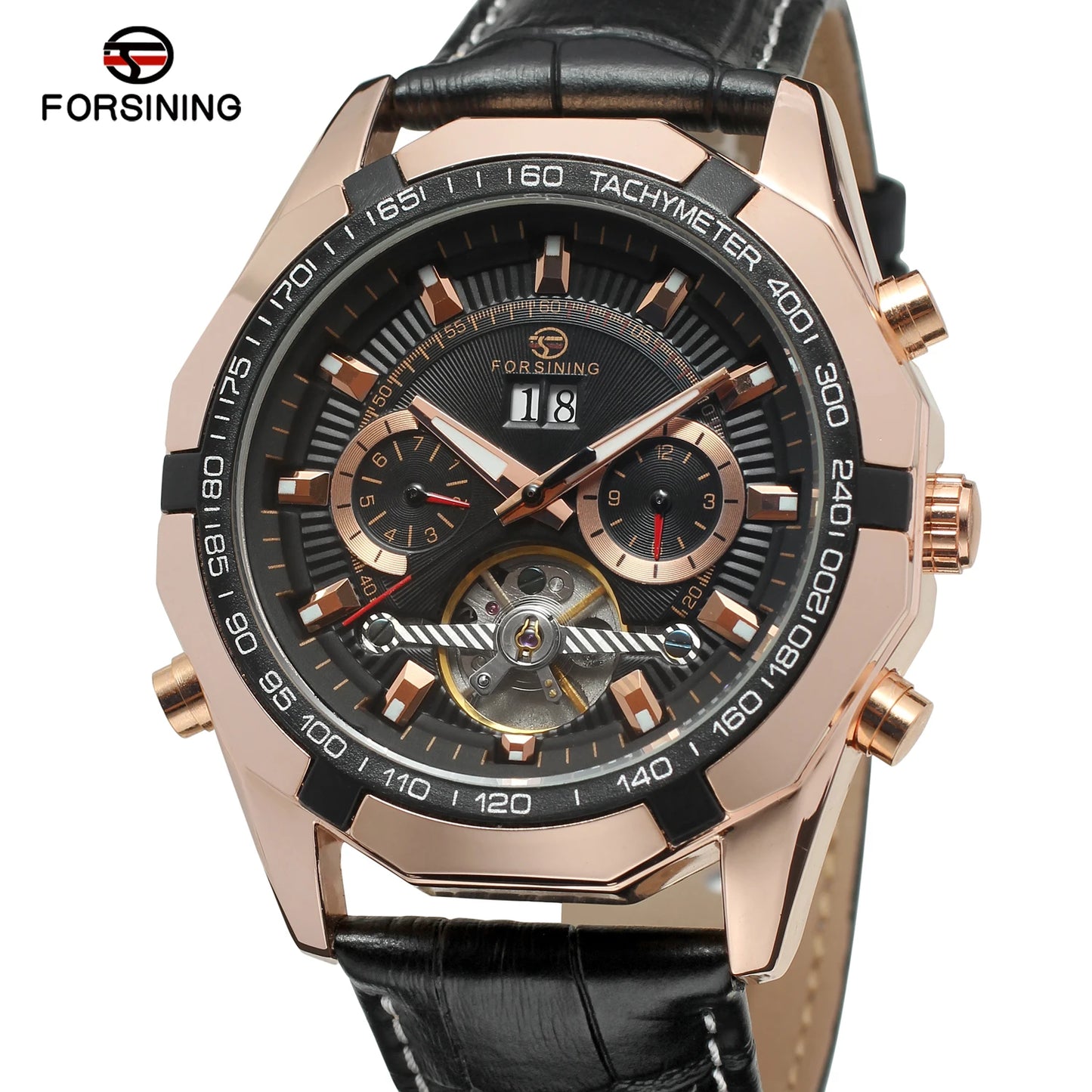 Forsining Top Brand Business Men's Watch Gold Leather Automatic Mechanical Toubilion Wrist Watches Relogio Masculino